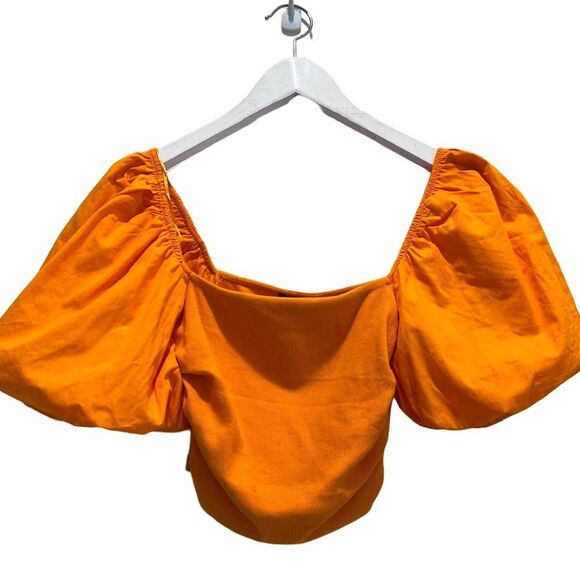 Zara Neon Orange Puff Sleeve Ruched Crop Top - Picture 6 of 9